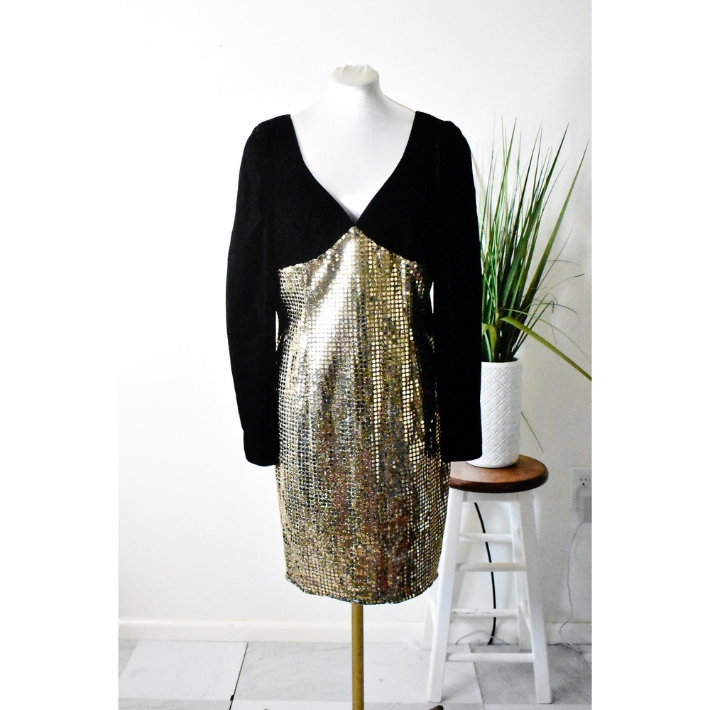 Jessica McClintock Gunne Sax Dress Womens 11/12 Black Gold 80s Velvet Sequin